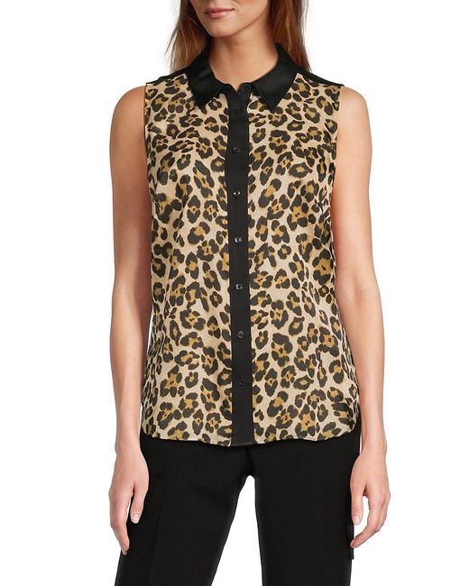 DKNY Black Leopard-Print Sleeveless Button Shirt