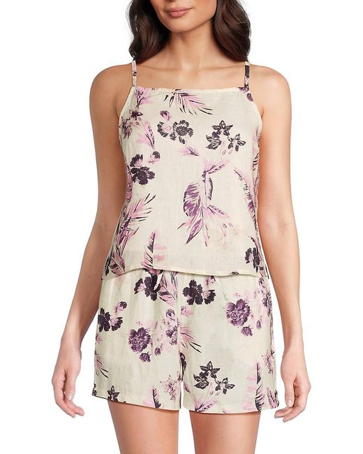 Saks Fifth Avenue White Floral 100% Linen Tank