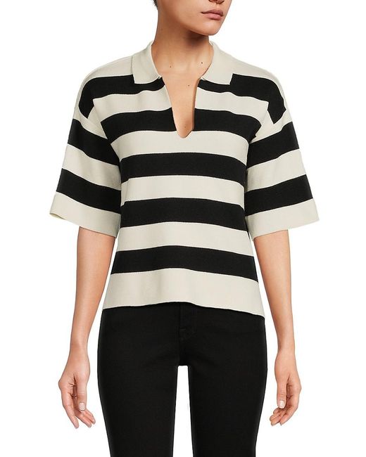 Elie Tahari Black Stripe Short Sleeve Polo Sweater