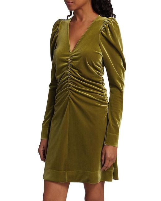 Ganni Green Ruched Puff Sleeve Velvet Mini Dress