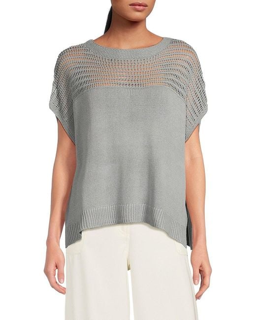 Max Studio Gray Linen-Blend Mesh Yoke Short-Sleeve Sweater