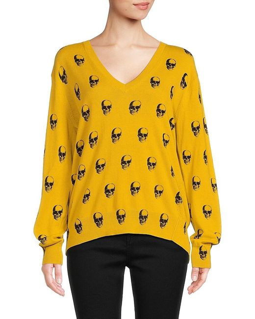 Skull Cashmere Yellow Skull Print Cashmere Blend Sweater