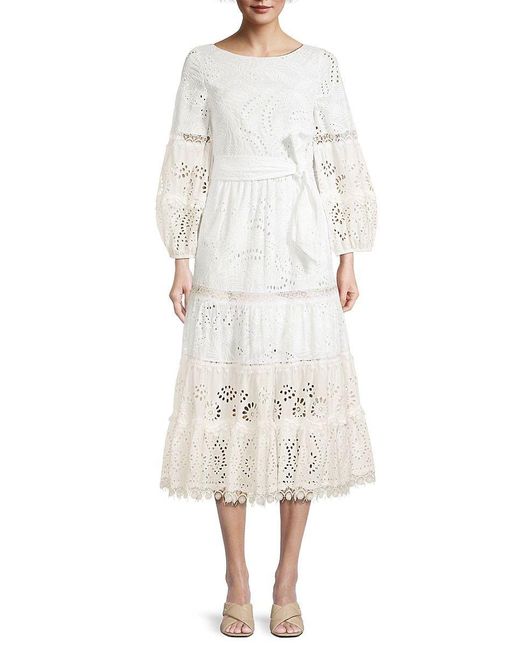 Kobi Halperin Zadie Eyelet Billowy Sleeve Midi Dress in White | Lyst