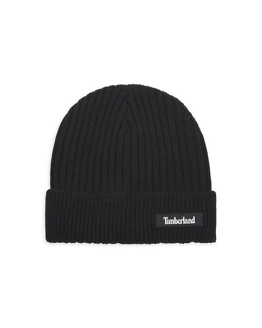 Timberland Black Ribbed Logo Beanie for men