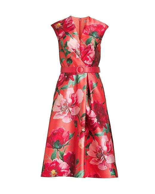 Kay Unger Red Rosemund Floral Mikado Midi-Dress