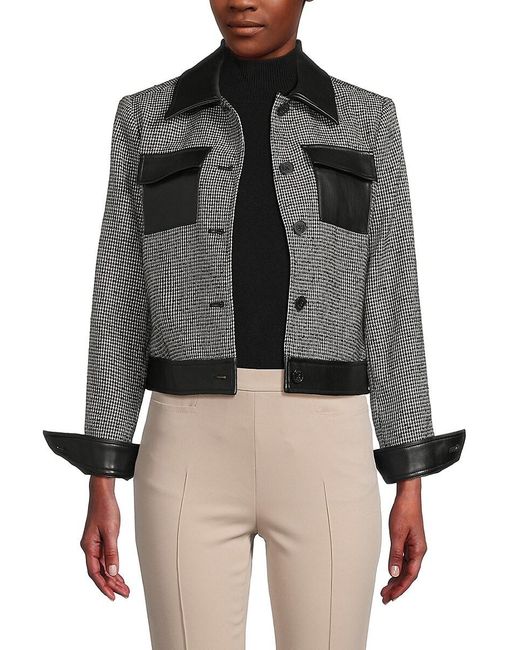 DKNY Gray Houndstooth Faux Leather Trim Jacket