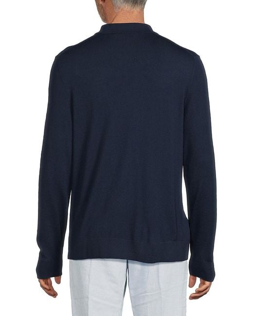 Saks Fifth Avenue Blue Merino Button-Front Wool-Blend Polo Sweater for men