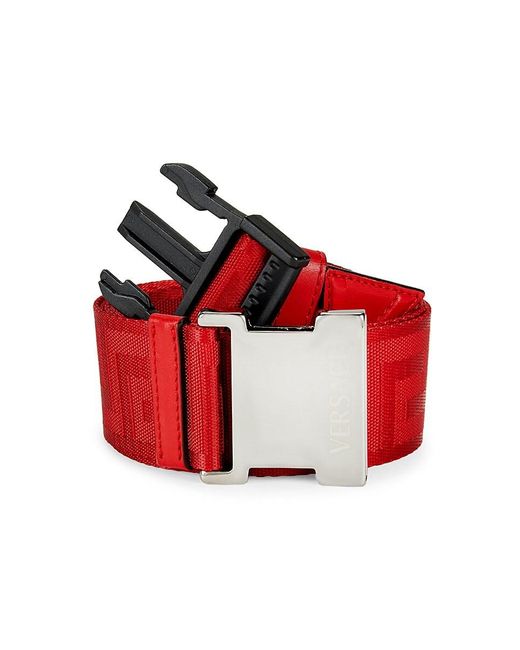 Versace Red Squeeze Buckle Box Frame Jacquard Web Belt for men