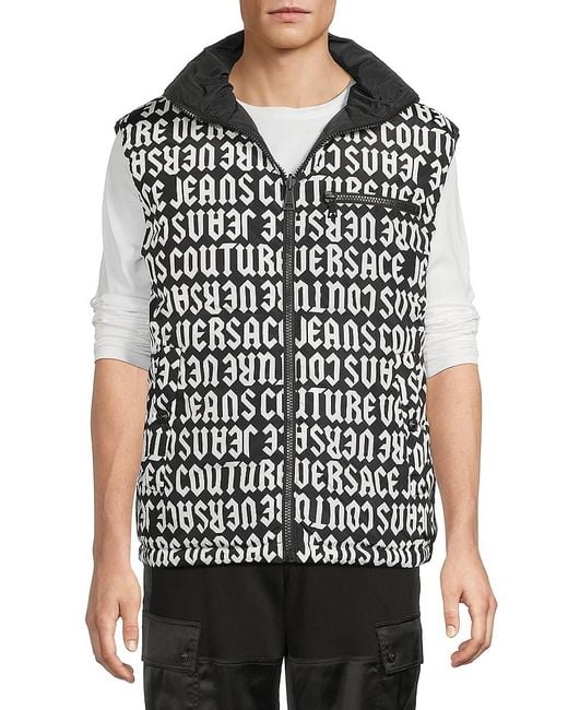 Versace Jeans Couture Black Monogram Print Reversible Puffer Vest for men