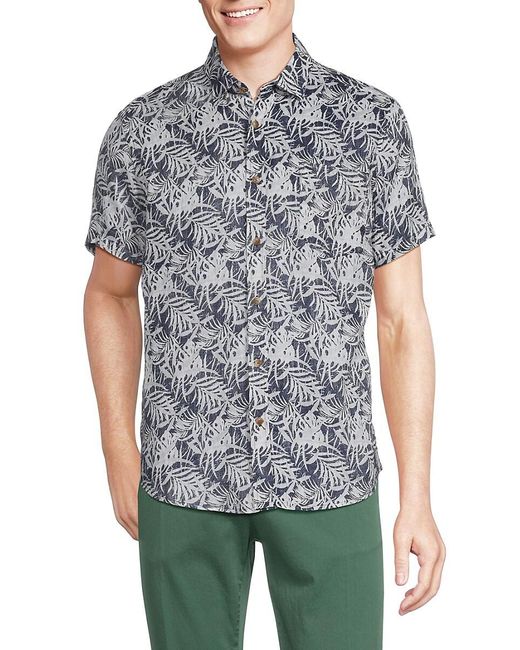 Report Collection Gray Leaf Print Linen Shirt for men