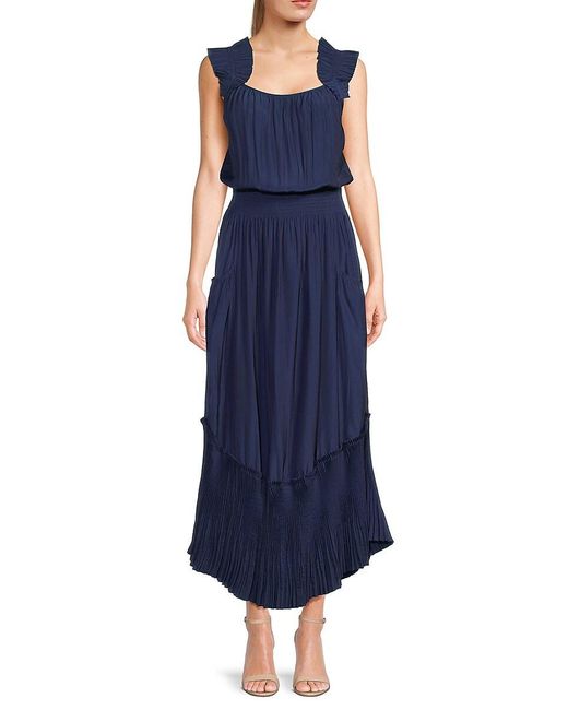 Ramy Brook Blue Baylor Pleated Blouson Maxi Dress
