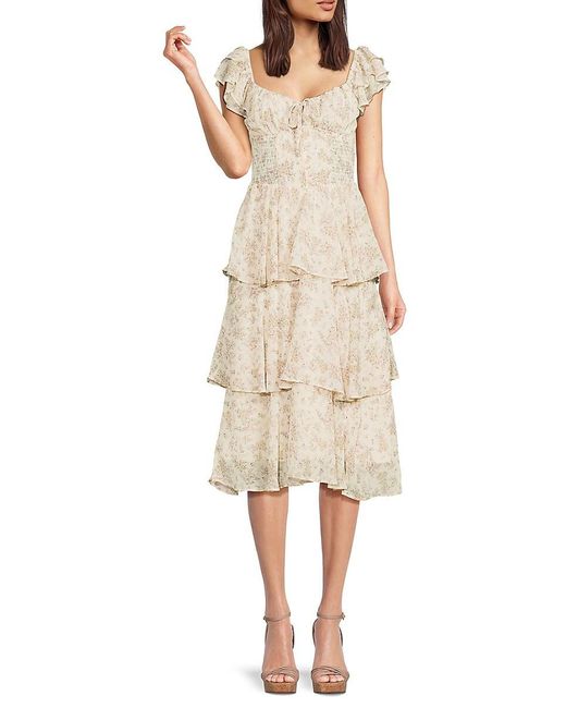 Lea & Viola Women's Natural Floral Layered Flutter Sleeve Midi-Dress Lea & Viola Women's Natural Floral Layered Flutter Sleeve Midi-Dress