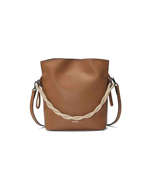 orYANY Brown Madeleine Twist Handle Leather Bucket Bag