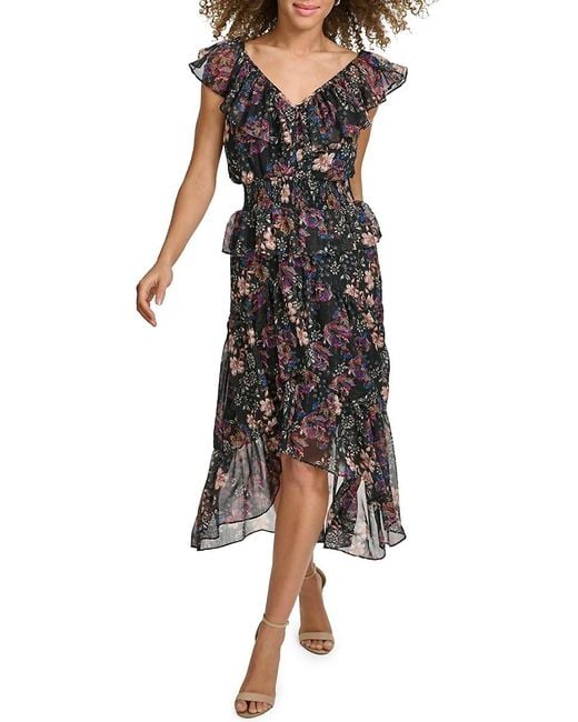 Kensie Black Ruffle Floral High-Low Midi-Dress
