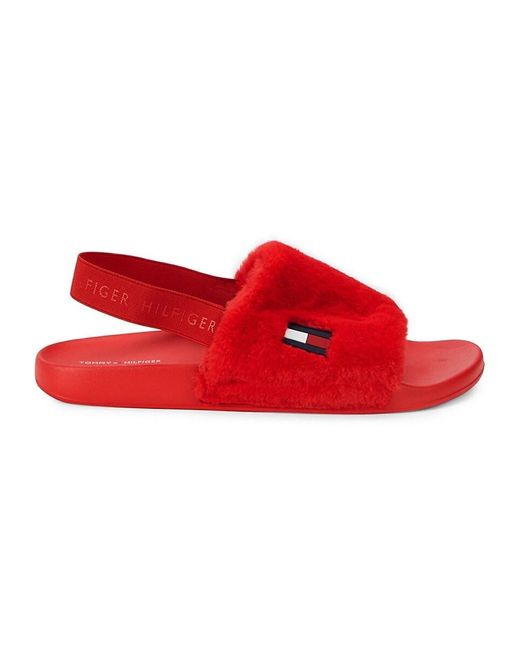 Tommy Hilfiger Red Twhahna Faux Fur Logo Slingback Sandals