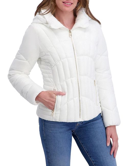 Kensie White Cire Quilted Hood Puffer Jacket
