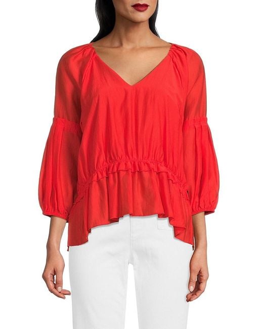 Karl Lagerfeld Red Ruffle Hem Peasant Blouse
