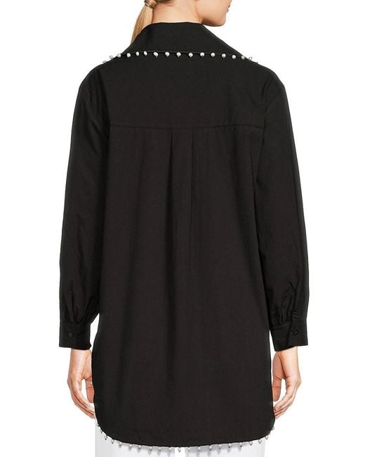 Lea & Viola White High-Low Pearl Studded Button Down Shirt