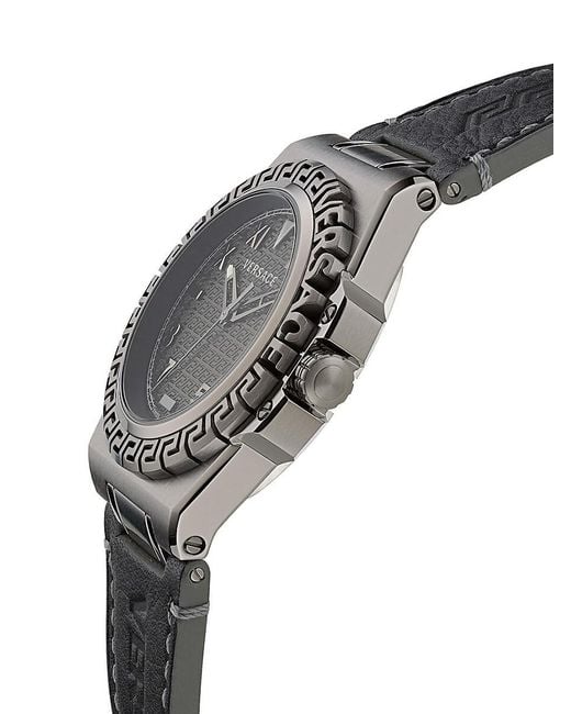 Versace Black Greca Reaction 44mm Ip Gunmetal Stainless Steel Leather Strap Watch for men