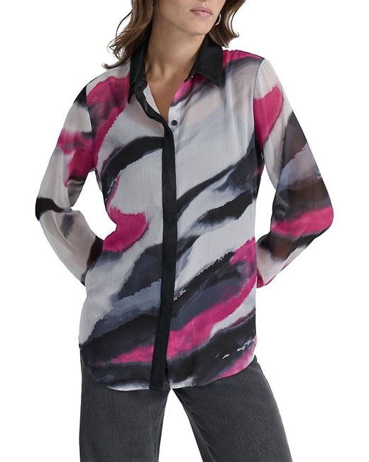 DKNY Multicolor Printed Chiffon Button-Front Blouse
