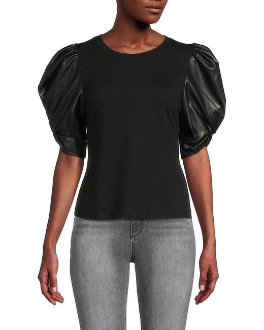 St. John Dkny Faux Leather Puff Sleeve Top in Black Lyst
