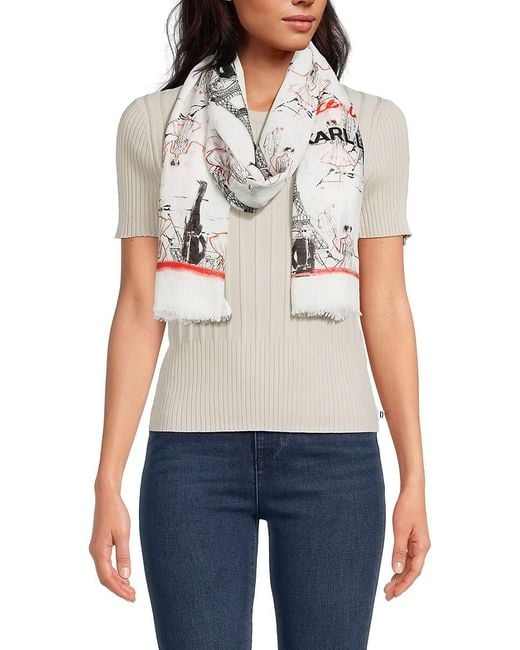 Karl Lagerfeld White Oversized Eiffel Sketch Scarf
