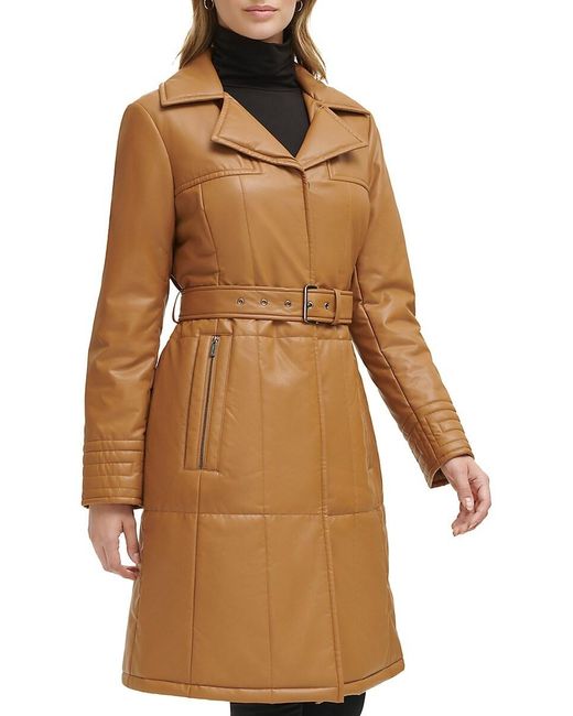 Kenneth Cole Natural Quilted Faux Leather Belted Trench Coat