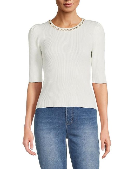 Nanette Lepore White Chain Ribbed Sweater