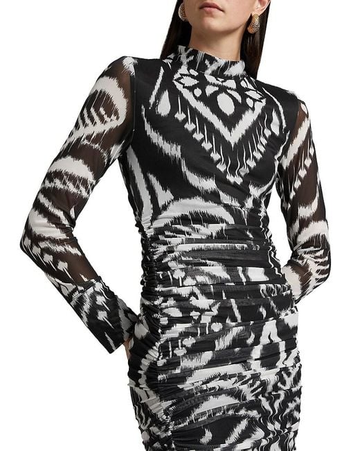 Farm Rio Black Ikat Ruched Tulle Midi-dress