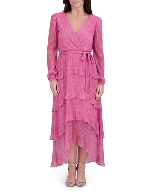 Kensie Pink Metallic Pleated Tiered Midi-Dress
