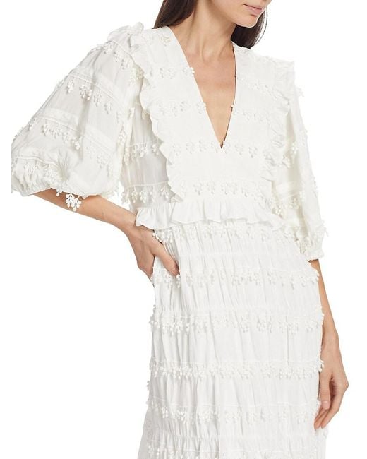 Farm Rio White Tiered Puff-Sleeve Midi-Dress