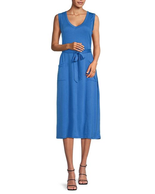 Bobeau Blue Sleeveless Belted Midi Dress