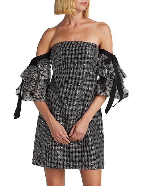 Lela Rose Gray Print Silk Mini Off Shoulder Dress