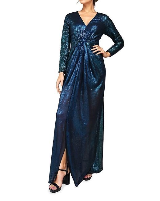 Rene Ruiz Blue Sequin Draped Gown