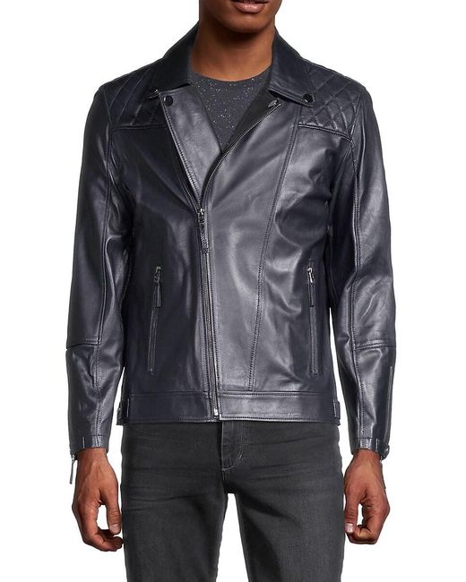 Ron Tomson Quilted Asymmetric Leather Moto Jacket in Navy (Black) for ...