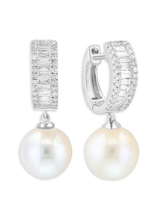 Effy White 14K, 9Mm Freshwater Pearls & 0.54 Tcw Diamond Huggie Earrings