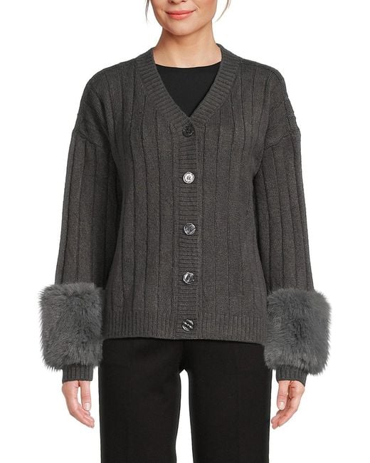 Saks Fifth Avenue Faux Fur Cuff Rib Knit Cardigan in Gray | Lyst
