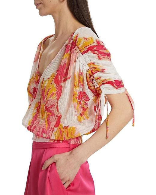 Ramy Brook Pink Frances Floral Plissé Drawstring Top