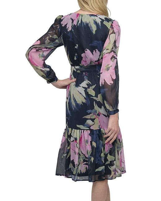 DKNY Blue Long Puff Sleeve Midi-Dress