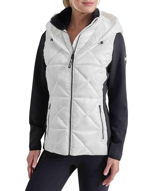 DKNY Gray Mixed Media Hooded Puffer Jacket