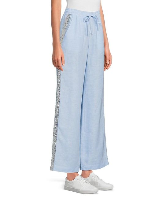 Saks Fifth Avenue Blue 100% Linen Sequin Trim Straight Pants