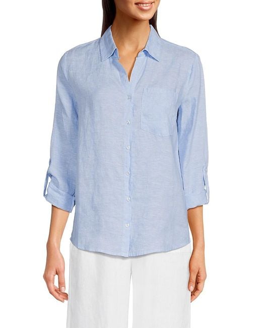 Saks Fifth Avenue Blue 100% Linen Patch Pocket Shirt