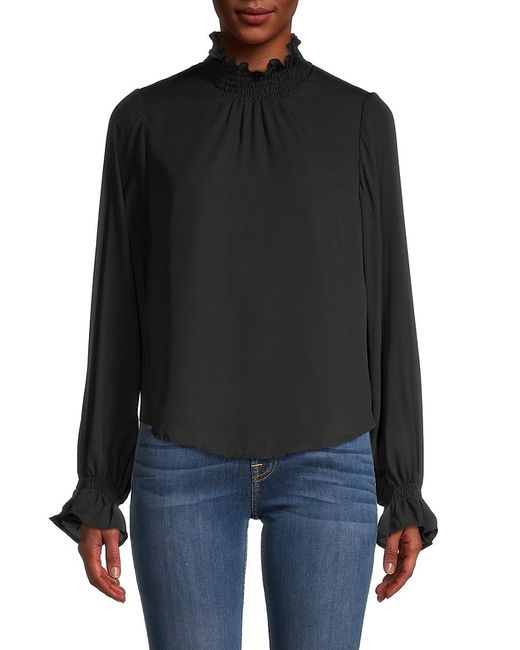 Lea & Viola Synthetic Smocked Neck Blouse in Black - Lyst