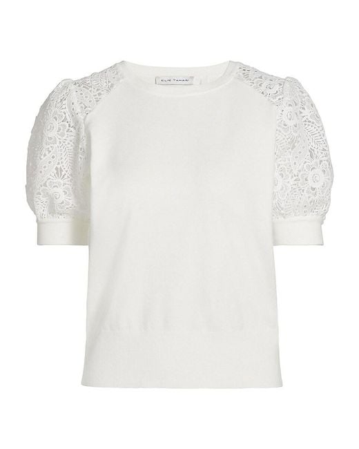 Tahari White Felicity Crochet-sleeve Sweater