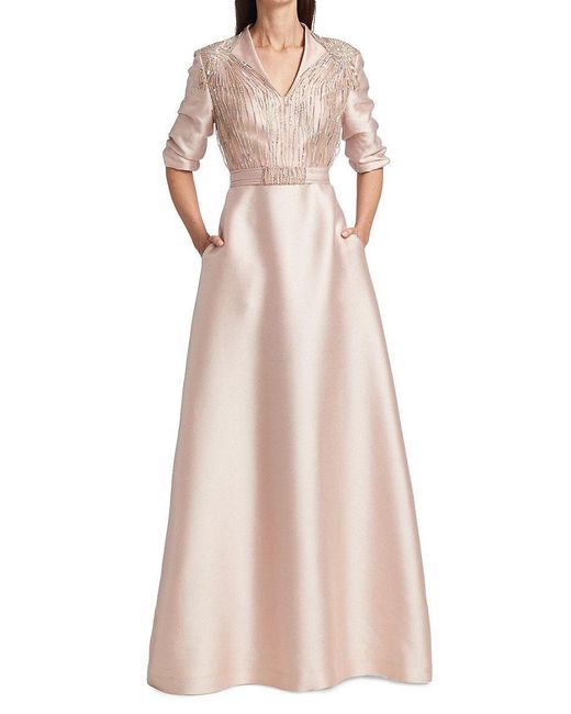 Reem Acra Pink Bead Embellished Satin Gown