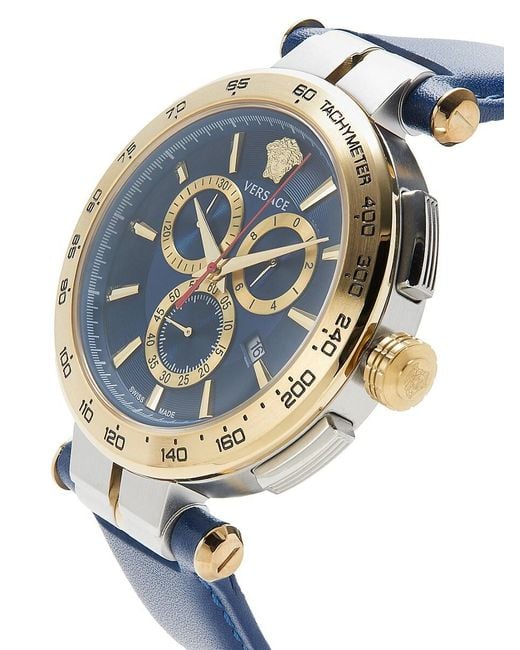 Versace Blue Aion Chrono 45mm Two Tone Stainless Steel & Leather Strap Chronograph Watch for men