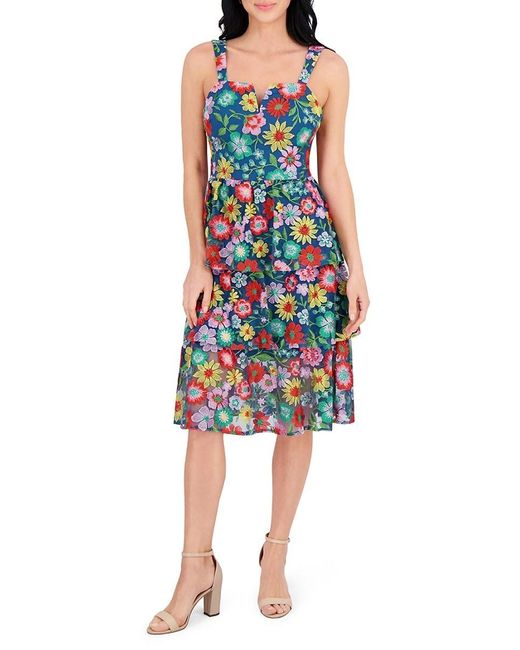 Kensie Blue Floral Embroidery Tiered Fit-&-Flare Midi-Dress