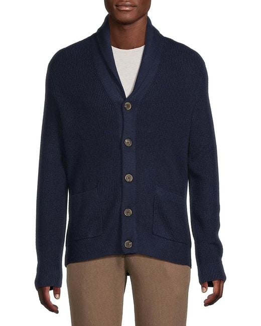Saks Fifth Avenue Blue Merino Ribbed Shawl Collar Wool-Blend Cardigan for men