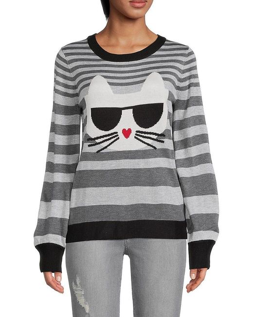 Karl Lagerfeld Gray Striped Choupette Sweater