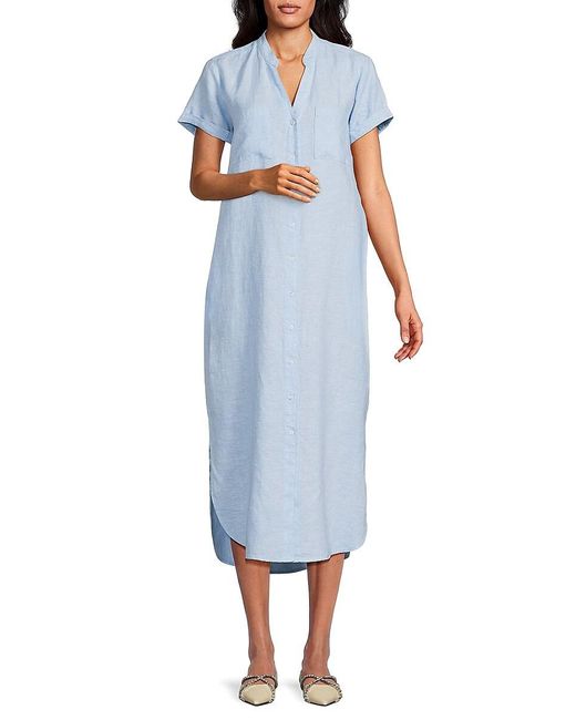 Saks Fifth Avenue Blue Striped 100% Linen Midi Dress